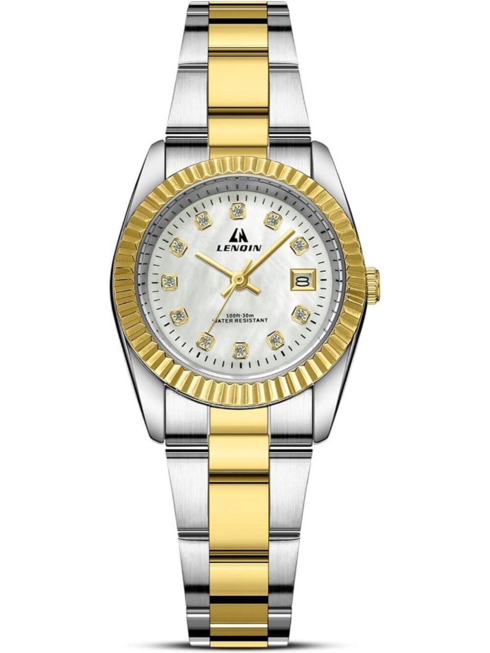 Ln Lnqin Women's Gold Silver Analog Quartz Stainless Steel Band Waterproof Watch